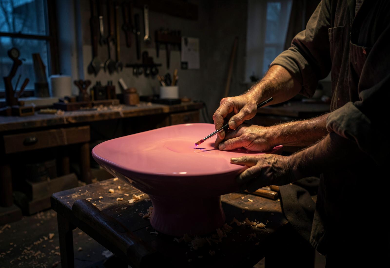Artisan hand-finishing a glossy pink sculptural table in the Hause of Harvest atelier