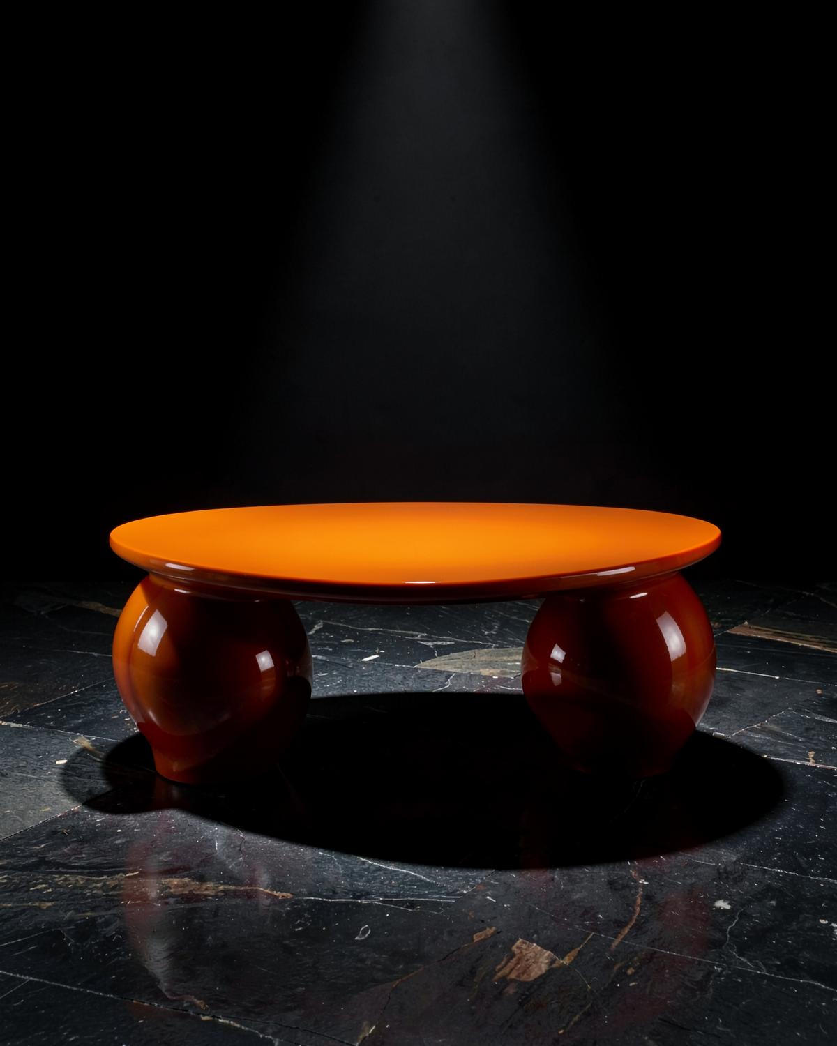 High-gloss burnt orange lacquer coffee table with bulbous legs on dark stone