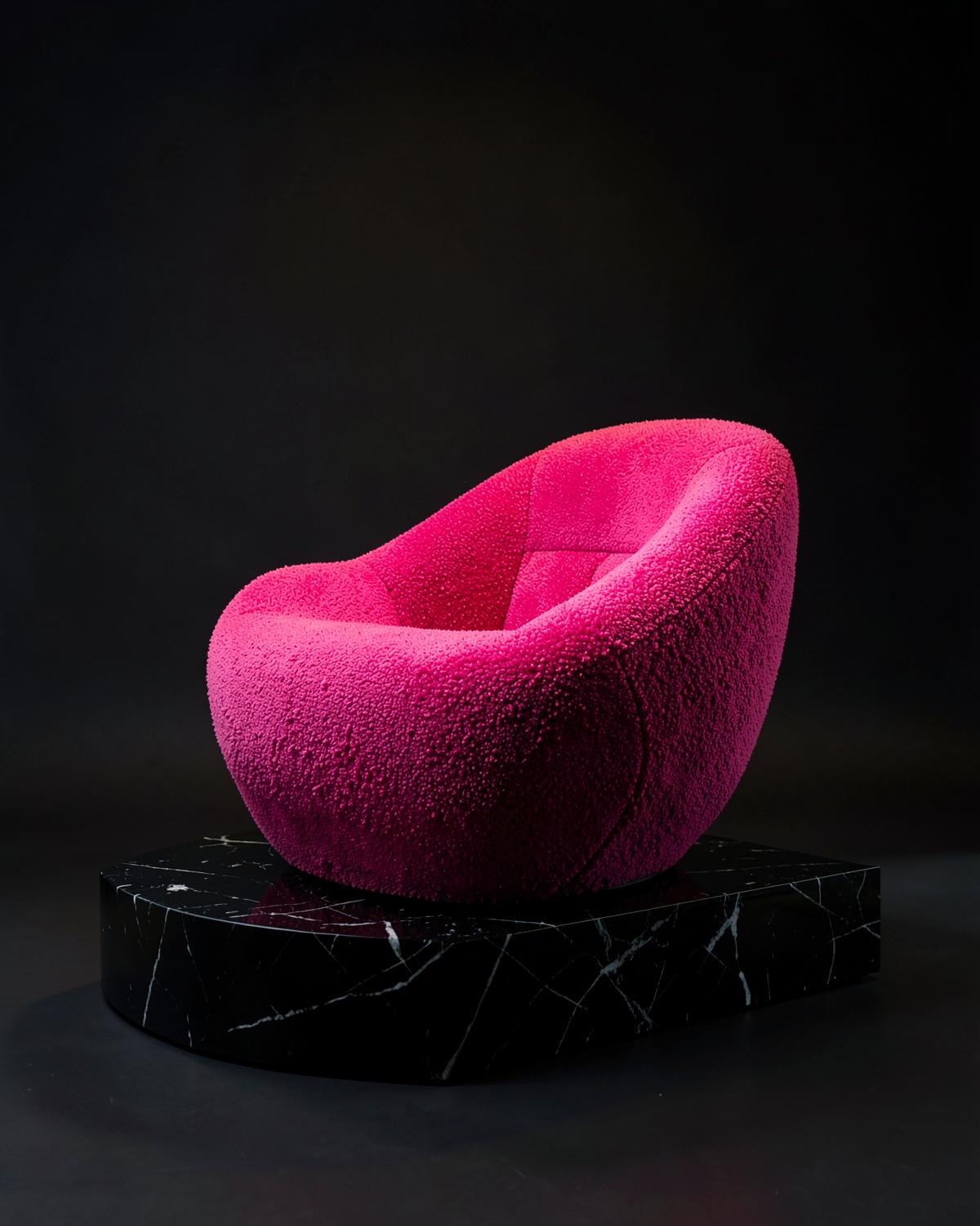 Plush curved lounge chair in vivid hot-pink bouclé on a black marble plinth